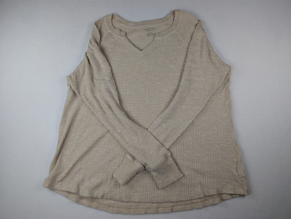 American Eagle Oatmeal Waffle Knit Thermal V-Neck Top Medium Cozy
